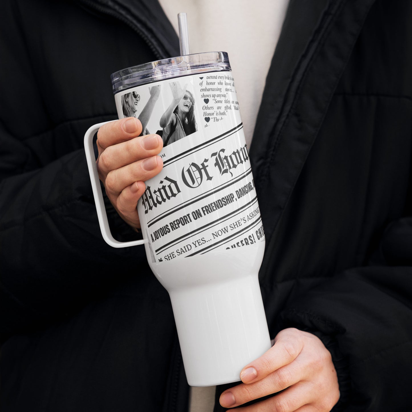 Personalized Maid of Honor Proposal Tumbler – Custom Newspaper Styled Gift